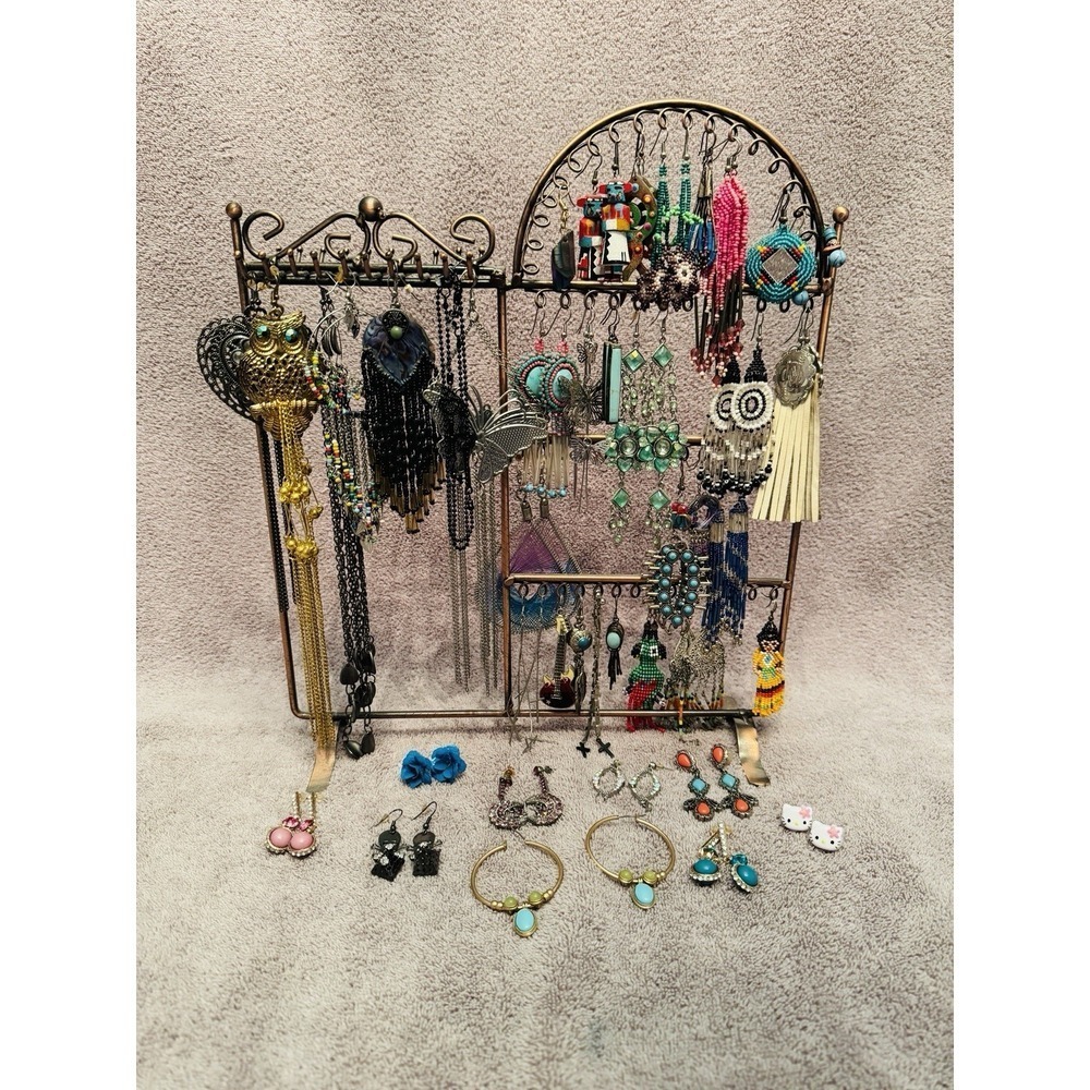 Vtg 90s Y2K Pierced Earrings 42 Pairs Dangle Leather Turquoise Goth Boho Hippie